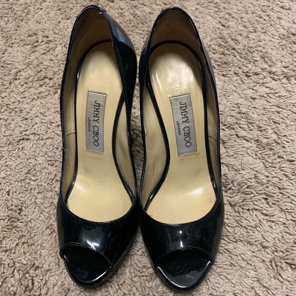 Jimmy Choo peep toe patent leather pumps